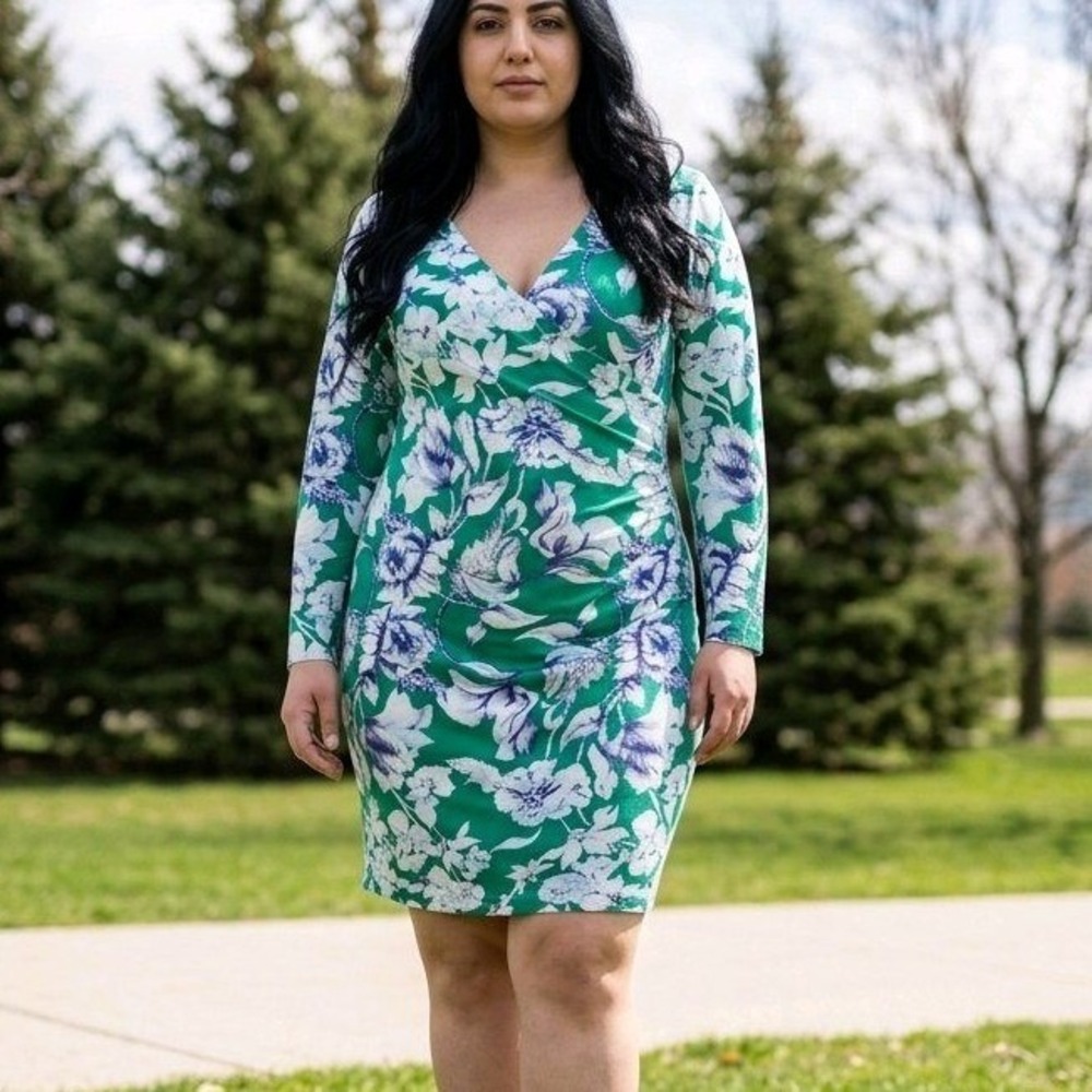 Soft Surroundings Faux Wrap Dress Green Floral Cotton Blend Casual Size M
